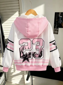 SHEIN 女童連帽抓絨內裡夾克，秋冬新款街頭風 NEW YORK 字母與數字 23 印花外套，對比色羅紋袖口，寬鬆拉鍊前開式棒球夾克，羊羔絨內裡，休閒加厚上衣 - 粉色 - 查看 2