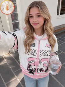 SHEIN 女童連帽抓絨內裡夾克，秋冬新款街頭風 NEW YORK 字母與數字 23 印花外套，對比色羅紋袖口，寬鬆拉鍊前開式棒球夾克，羊羔絨內裡，休閒加厚上衣 - 粉色 - 查看 9