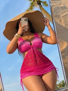 SHEIN Swim Curve Plus Size Gradient Color Hollow Out Sexy Swimsuit Dress For Summer Beach Vacation - Hot Pink - View 4