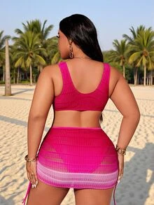 SHEIN Swim Curve Plus Size Gradient Color Hollow Out Sexy Swimsuit Dress For Summer Beach Vacation - Hot Pink - View 3