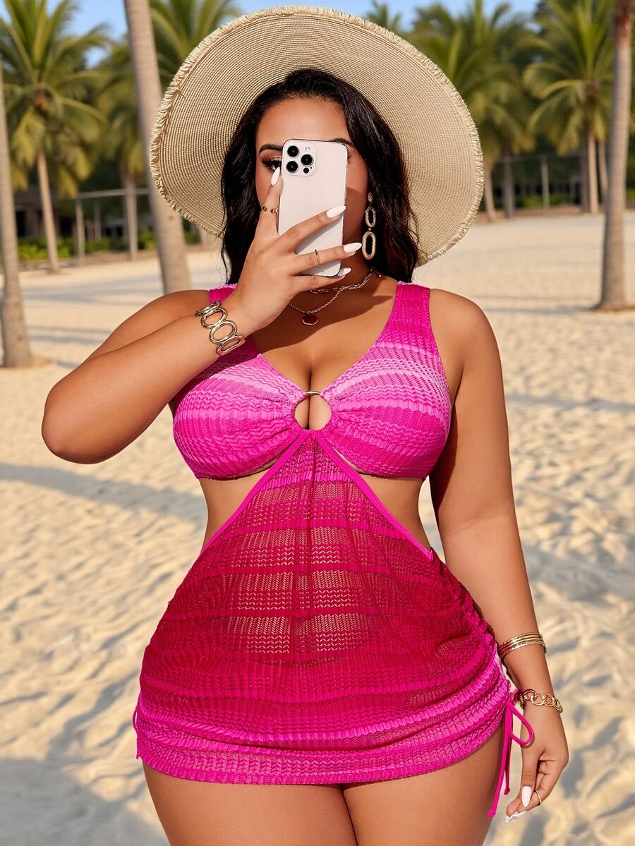SHEIN Swim Curve Plus Size Gradient Color Hollow Out Sexy Swimsuit Dress For Summer Beach Vacation