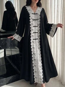 Al Najma 大尺碼女款黑色梭織長袖白色蕾絲飾邊青蛙鈕扣直筒寬鬆優雅浪漫洋裝 - 彩色 - 查看 8
