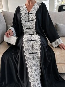 Al Najma 大尺碼女款黑色梭織長袖白色蕾絲飾邊青蛙鈕扣直筒寬鬆優雅浪漫洋裝 - 彩色 - 查看 6