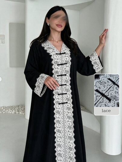 Al Najma Plus Size Women Black Woven Long Sleeve White Lace Trim Frog Button Straight Loose Elegant Romantic Dress