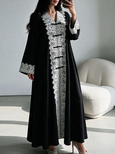 Al Najma Plus Size Women Black Woven Long Sleeve White Lace Trim Frog Button Straight Loose Elegant Romantic Dress