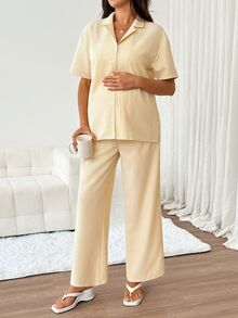Slowluna Maternity Striped Single-Breasted Short Sleeve Top With Adjustable Waist Long Pants Casual Daily 2 Pieces Set - Yellow - View 6