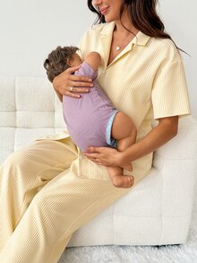Slowluna Maternity Striped Single-Breasted Short Sleeve Top With Adjustable Waist Long Pants Casual Daily 2 Pieces Set - Yellow - View 7