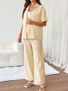 Slowluna Maternity Striped Single-Breasted Short Sleeve Top With Adjustable Waist Long Pants Casual Daily 2 Pieces Set - Yellow - View 8
