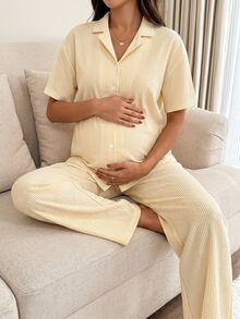 Slowluna Maternity Striped Single-Breasted Short Sleeve Top With Adjustable Waist Long Pants Casual Daily 2 Pieces Set - Yellow - View 3