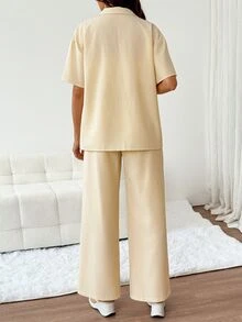 Slowluna Maternity Striped Single-Breasted Short Sleeve Top With Adjustable Waist Long Pants Casual Daily 2 Pieces Set - Yellow - View 4