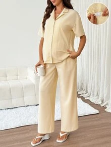 Slowluna Maternity Striped Single-Breasted Short Sleeve Top With Adjustable Waist Long Pants Casual Daily 2 Pieces Set - Yellow - View 9