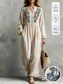 LanaWest Jumpsuit Linen Gaya Liburan Kasual Bohemian Musim Semi/Gugur, Bordir, Potongan Longgar dengan Rumbai di Bagian Bawah - Khaki - View 1