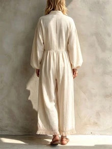 LanaWest Jumpsuit Linen Gaya Liburan Kasual Bohemian Musim Semi/Gugur, Bordir, Potongan Longgar dengan Rumbai di Bagian Bawah - Khaki - View 2