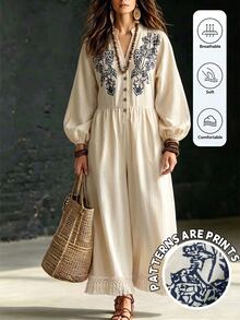 LanaWest Jumpsuit Linen Gaya Liburan Kasual Bohemian Musim Semi/Gugur, Bordir, Potongan Longgar dengan Rumbai di Bagian Bawah - Khaki - View 5