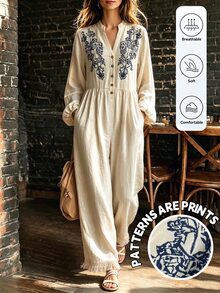 LanaWest Jumpsuit Linen Gaya Liburan Kasual Bohemian Musim Semi/Gugur, Bordir, Potongan Longgar dengan Rumbai di Bagian Bawah - Khaki - View 3