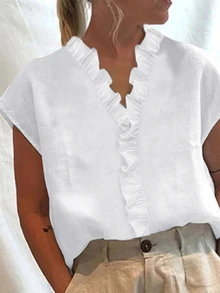 Trelyra Women's Solid Color Simple Short Sleeve Shirt With Lace Decoration - White - View 4