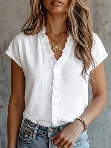 Trelyra Women's Solid Color Simple Short Sleeve Shirt With Lace Decoration - White - View 3