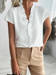 Trelyra Women's Solid Color Simple Short Sleeve Shirt With Lace Decoration - White - View 5