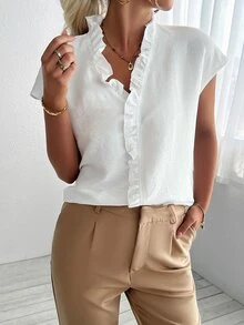 Trelyra Women's Solid Color Simple Short Sleeve Shirt With Lace Decoration - White - View 6