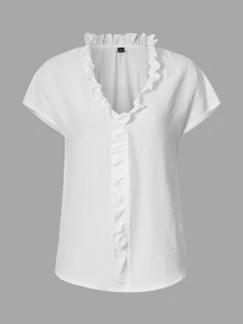 Trelyra Women's Solid Color Simple Short Sleeve Shirt With Lace Decoration - White - View 8