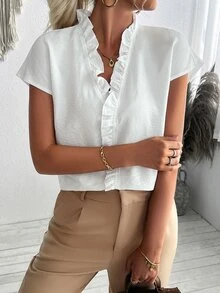 Trelyra Women's Solid Color Simple Short Sleeve Shirt With Lace Decoration - White - View 7