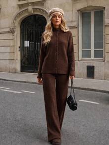 EURMUSE Deep Mocha Oversized High Neck Button-Front Ribbed Knit Relaxed Silhouette Cardigan & High-Waist Wide-Leg Ribbed Knit Lounge Pant Cozy Minimalist Elevated Two Pieces Co-Ord Set - Brown - View 5