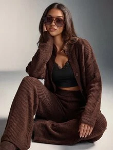 EURMUSE Deep Mocha Oversized High Neck Button-Front Ribbed Knit Relaxed Silhouette Cardigan & High-Waist Wide-Leg Ribbed Knit Lounge Pant Cozy Minimalist Elevated Two Pieces Co-Ord Set - Brown - View 9