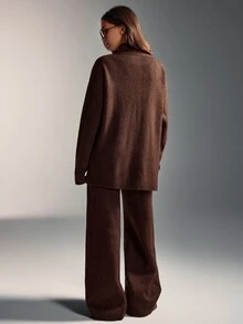 EURMUSE Deep Mocha Oversized High Neck Button-Front Ribbed Knit Relaxed Silhouette Cardigan & High-Waist Wide-Leg Ribbed Knit Lounge Pant Cozy Minimalist Elevated Two Pieces Co-Ord Set - Brown - View 6