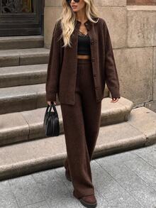 EURMUSE Deep Mocha Oversized High Neck Button-Front Ribbed Knit Relaxed Silhouette Cardigan & High-Waist Wide-Leg Ribbed Knit Lounge Pant Cozy Minimalist Elevated Two Pieces Co-Ord Set - Brown - View 4