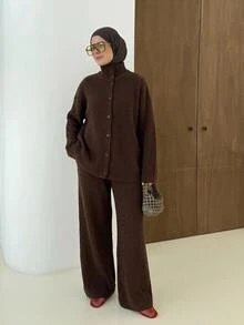 EURMUSE Deep Mocha Oversized High Neck Button-Front Ribbed Knit Relaxed Silhouette Cardigan & High-Waist Wide-Leg Ribbed Knit Lounge Pant Cozy Minimalist Elevated Two Pieces Co-Ord Set - Brown - View 2