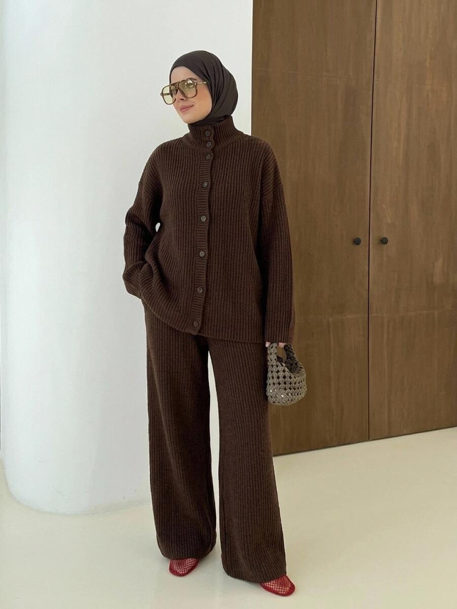 EURMUSE Deep Mocha Oversized High Neck Button-Front Ribbed Knit Relaxed Silhouette Cardigan & High-Waist Wide-Leg Ribbed Knit Lounge Pant Cozy Minimalist Elevated Two Pieces Co-Ord Set