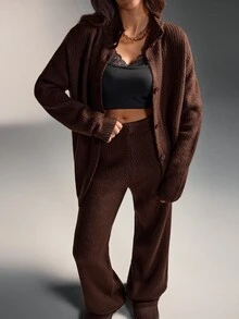 EURMUSE Deep Mocha Oversized High Neck Button-Front Ribbed Knit Relaxed Silhouette Cardigan & High-Waist Wide-Leg Ribbed Knit Lounge Pant Cozy Minimalist Elevated Two Pieces Co-Ord Set - Brown - View 7