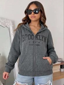 SHEIN 青少年女孩秋冬保暖內裡加厚字母邊緣 Franklin 印花寬鬆雪花連帽衛衣外套 深灰色 - 深灰色 - 查看 7