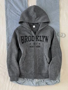 SHEIN 青少年女孩秋冬保暖內裡加厚字母邊緣 Franklin 印花寬鬆雪花連帽衛衣外套 深灰色 - 深灰色 - 查看 3