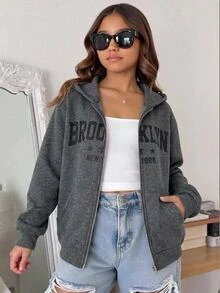 SHEIN 青少年女孩秋冬保暖內裡加厚字母邊緣 Franklin 印花寬鬆雪花連帽衛衣外套 深灰色 - 深灰色 - 查看 1