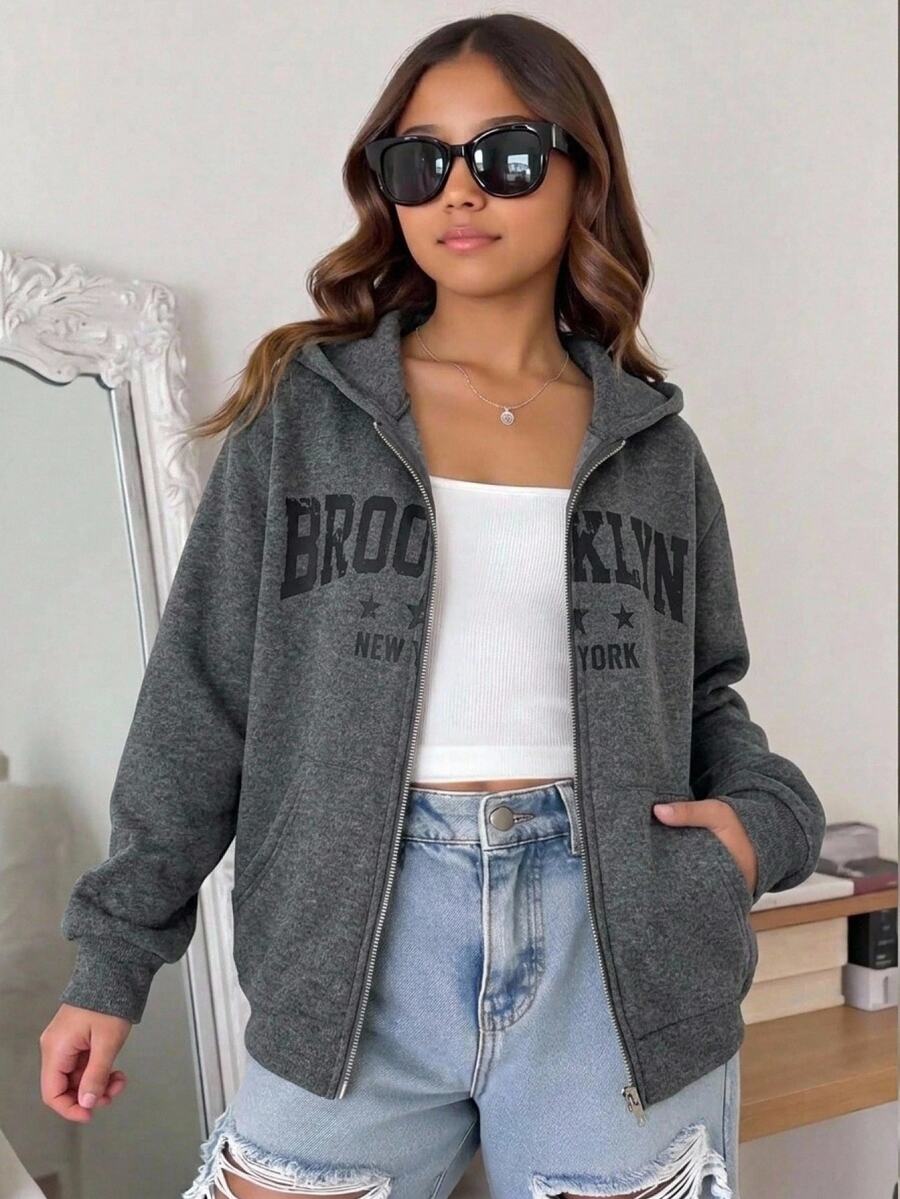 SHEIN 青少年女孩秋冬保暖內裡加厚字母邊緣 Franklin 印花寬鬆雪花連帽衛衣外套 深灰色 - 深灰色 - 查看 1