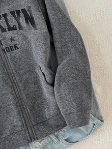 SHEIN 青少年女孩秋冬保暖內裡加厚字母邊緣 Franklin 印花寬鬆雪花連帽衛衣外套 深灰色 - 深灰色 - 查看 6