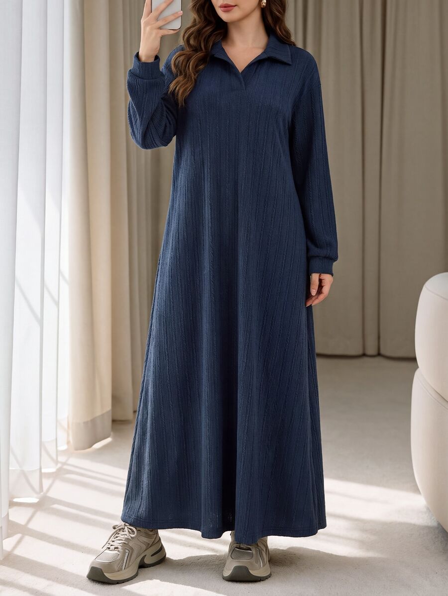 Mulvari Gaun Sweatshirt Wanita dengan Desain Kain Bertekstur dan Kerah Kontras, Warna Biru Tua, Kasual Musim Gugur, Sederhana