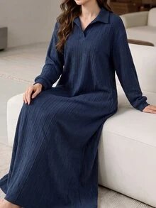 Mulvari Gaun Sweatshirt Wanita dengan Desain Kain Bertekstur dan Kerah Kontras, Warna Biru Tua, Kasual Musim Gugur, Sederhana - Navy Blue - View 6