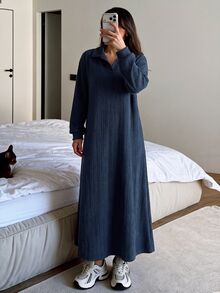Mulvari Gaun Sweatshirt Wanita dengan Desain Kain Bertekstur dan Kerah Kontras, Warna Biru Tua, Kasual Musim Gugur, Sederhana - Navy Blue - View 5