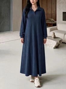 Mulvari Gaun Sweatshirt Wanita dengan Desain Kain Bertekstur dan Kerah Kontras, Warna Biru Tua, Kasual Musim Gugur, Sederhana - Navy Blue - View 4