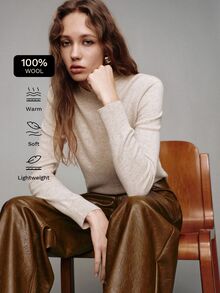 MOTF PREMIUM 100% Wool Mock Neck Sweater, Autumn/Winter - Apricot - View 1