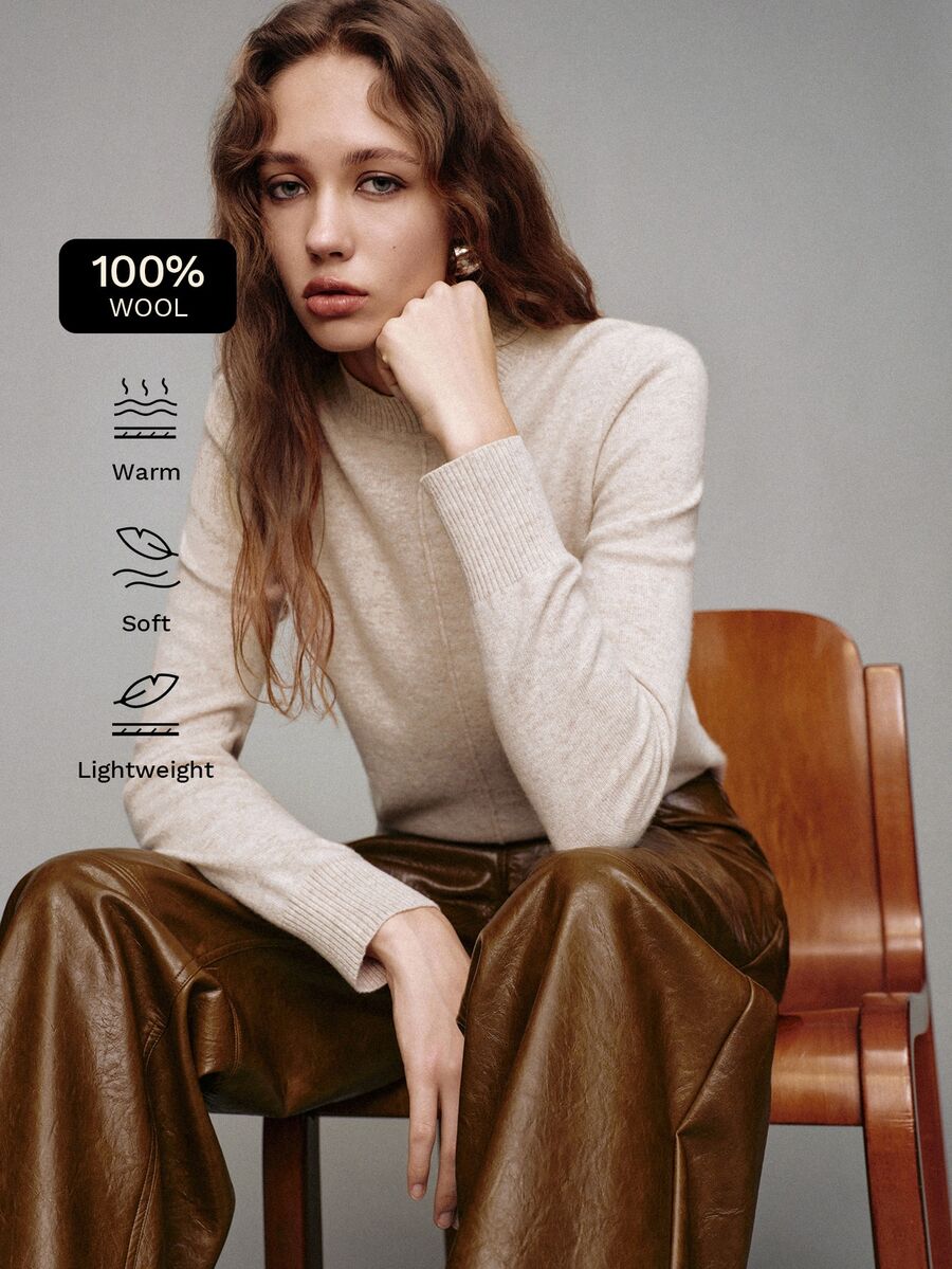 MOTF PREMIUM 100% Wool Mock Neck Sweater, Autumn/Winter - Apricot - View 1