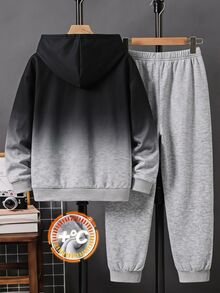 兒童青少年男孩休閒簡約長袖連帽舒適運動衫 2件套 適合秋冬 - 彩色 - 查看 2