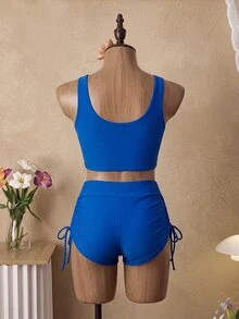 Swim Basics 女士纯色前交叉休闲比基尼套装夏季 - 藍色 - 查看 2