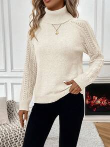 SHEIN Solid Color Turtleneck Long Sleeve Pullover Sweater, Minimalist & Casual For Everyday Wear Knit Pullover Fall Winter Sweater - Beige - View 5
