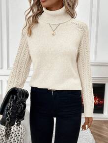 SHEIN Solid Color Turtleneck Long Sleeve Pullover Sweater, Minimalist & Casual For Everyday Wear Knit Pullover Fall Winter Sweater - Beige - View 6