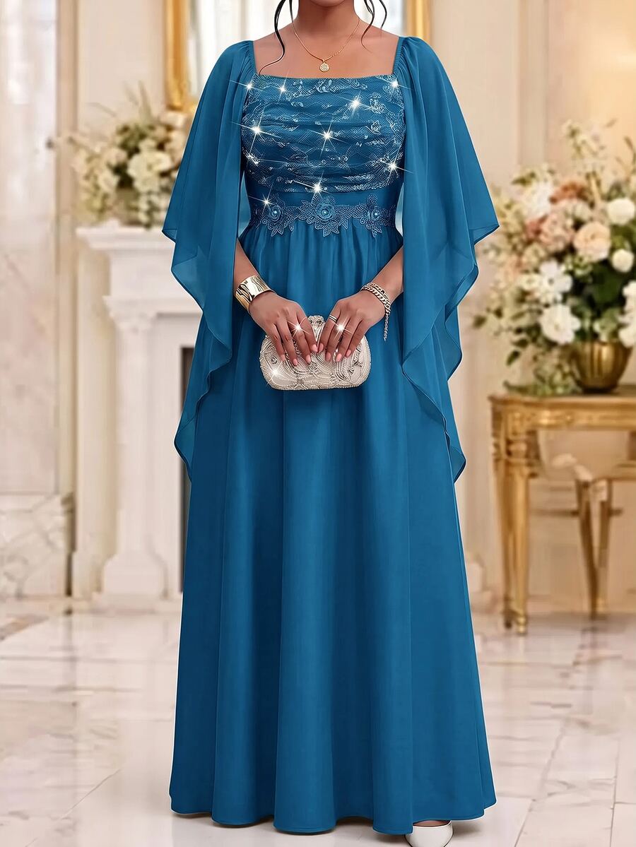 Fleurora 大尺碼女款方領蕾絲亮片拼接緞帶藍色晚禮服 - 水鴨藍 - 查看 1