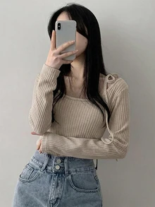 DAZY 女款 2 合 1 拼接休閒日常長袖 T 恤 - 灰色 - 查看 4