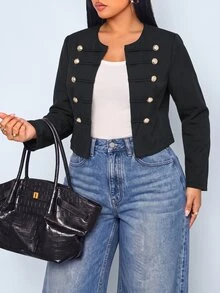SOLERSUN Plus Size Round Neck Double-Breasted Metal Button Short Jacket Long Sleeve Zipper Front Casual Minimalist Short Coat Office Formal Black Fall - Black - View 7